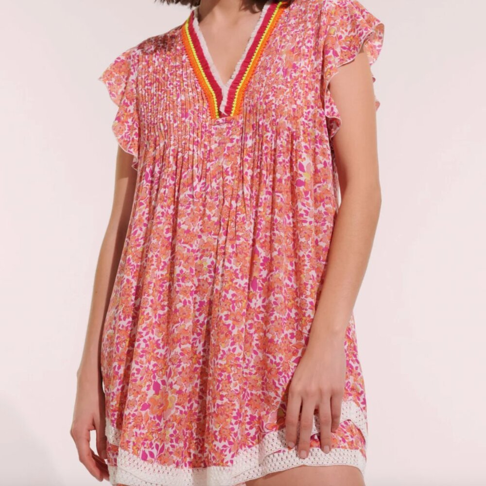 Poupette St Barth Sasha Floral Mini Dress Lace Fringe Details XS NWOT
